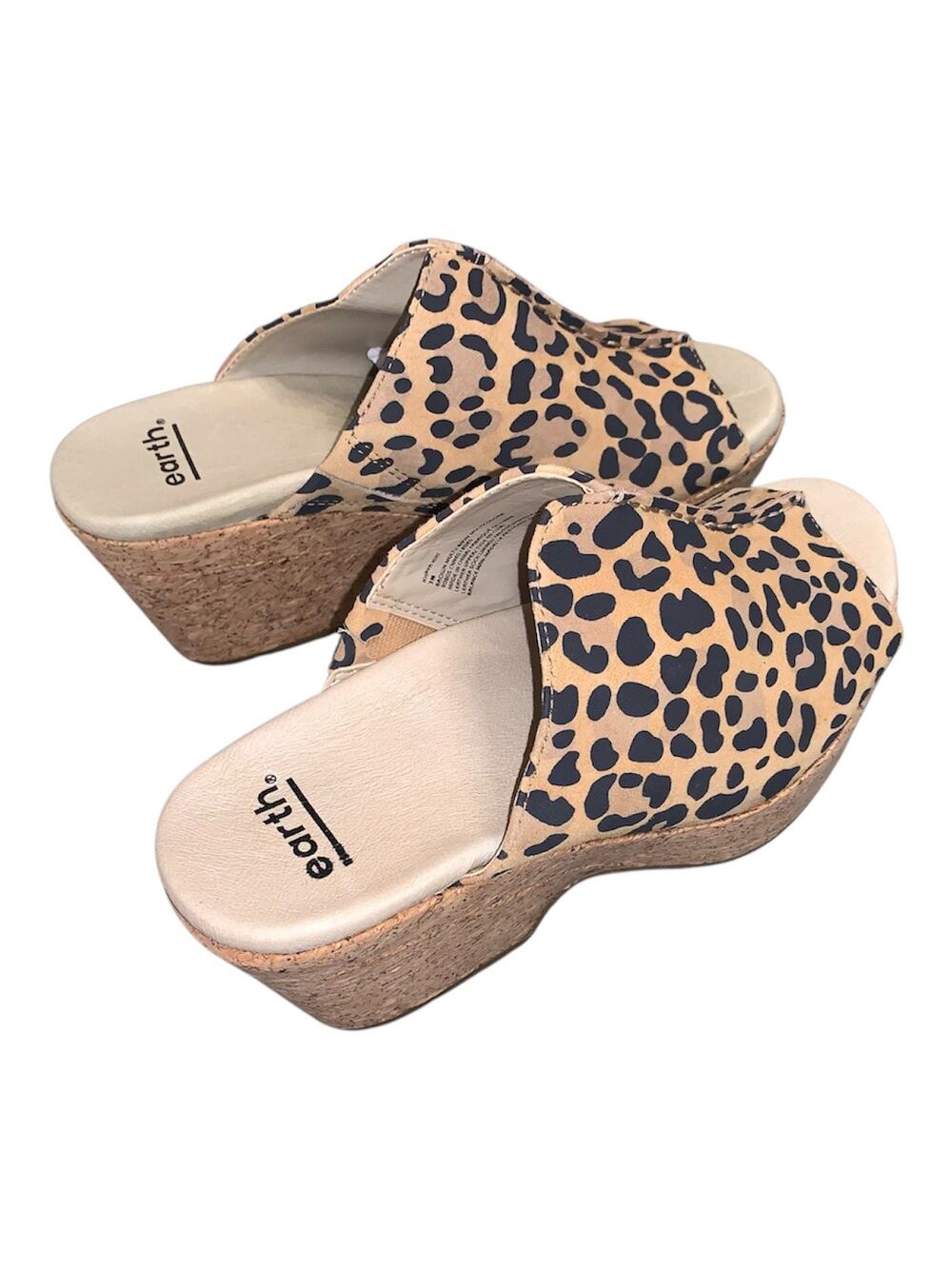 Earth Leopard Print Cork Wedge Mules Peep Toe Slide Sandals Women’s Shoes Sz 7M